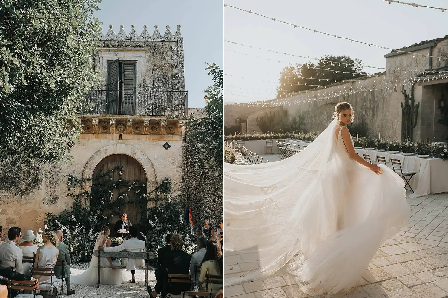 On the left, a small, intimate wedding ceremony takes place in the serene Dimora delle Balze garden, with the bride and groom sitting among their guests, all attentively listening to the officiant. On the right, the bride, wearing a flowing white dress, gracefully turns in the villa after the ceremony. The reception table is beautifully set in the background, with fairy lights adding a magical ambiance to the outdoor setting.